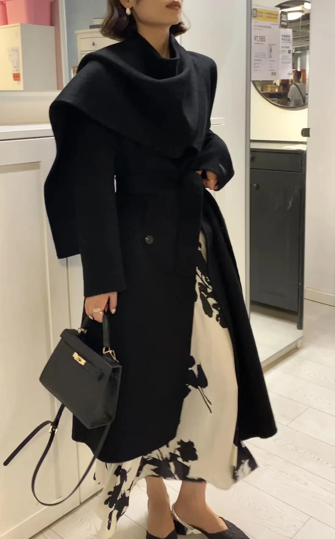 Winter women's casual solid color scarf, double-sided 100% wool coat, double breasted light luxury long jacket