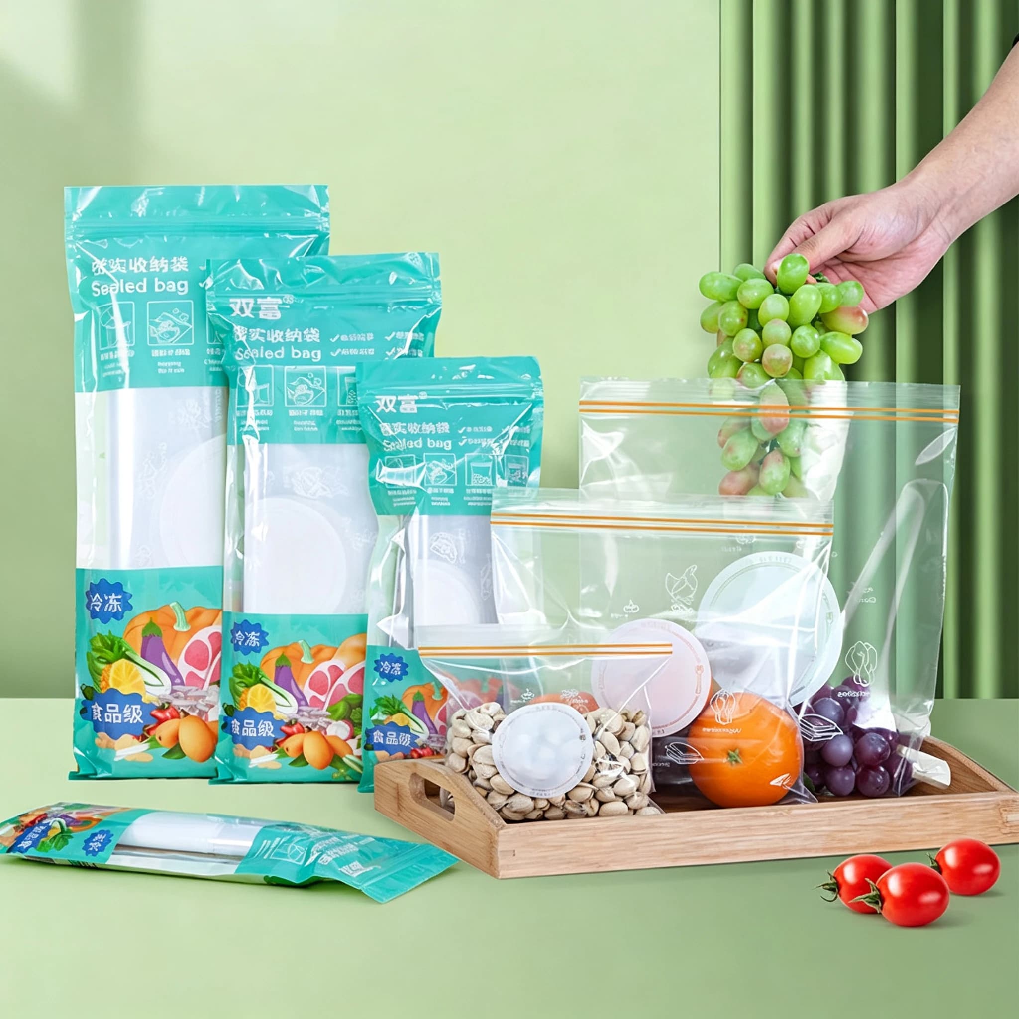 Double‑Zipper Sealed Bag, Food‑Grade Plastic Storage Pouches, Reusable for Fruits, Nuts, Vegetables to Keep Food Fresh.