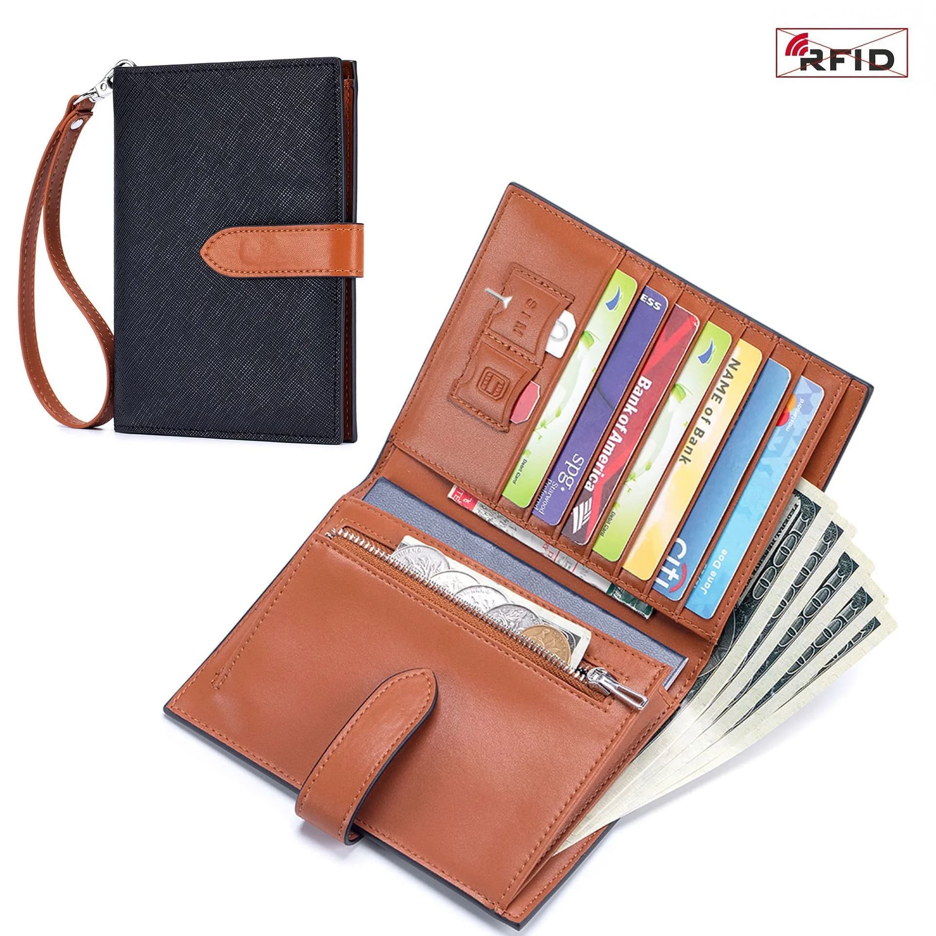 Custodia per passaporto in pelle con portacarte Porta passaporto RFID per donna Slot SIM Tasca con cerniera e portafoglio da viaggio sottile con slot per contanti