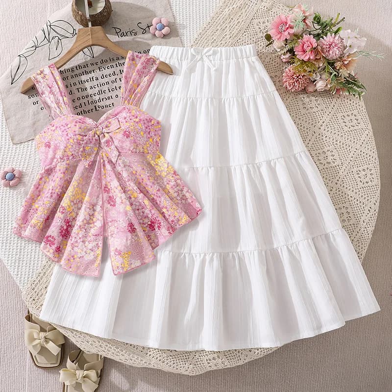 Girls' set Children's Outfit spring and summer new style French sweet floral irregular camisole vest half skirt two pieces