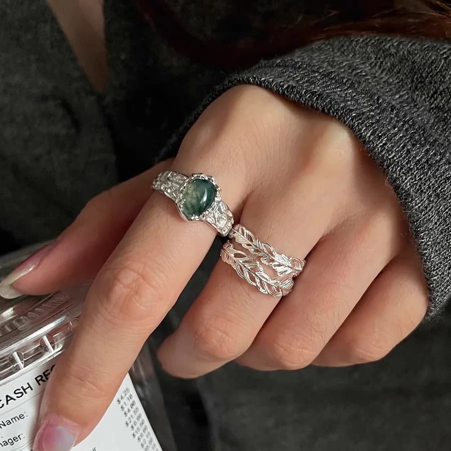 Anello di lusso leggero in agata erba Feng Shui da donna in argento sterling S925 per l'industria pesante, dito indice impilato con piume di fascia alta