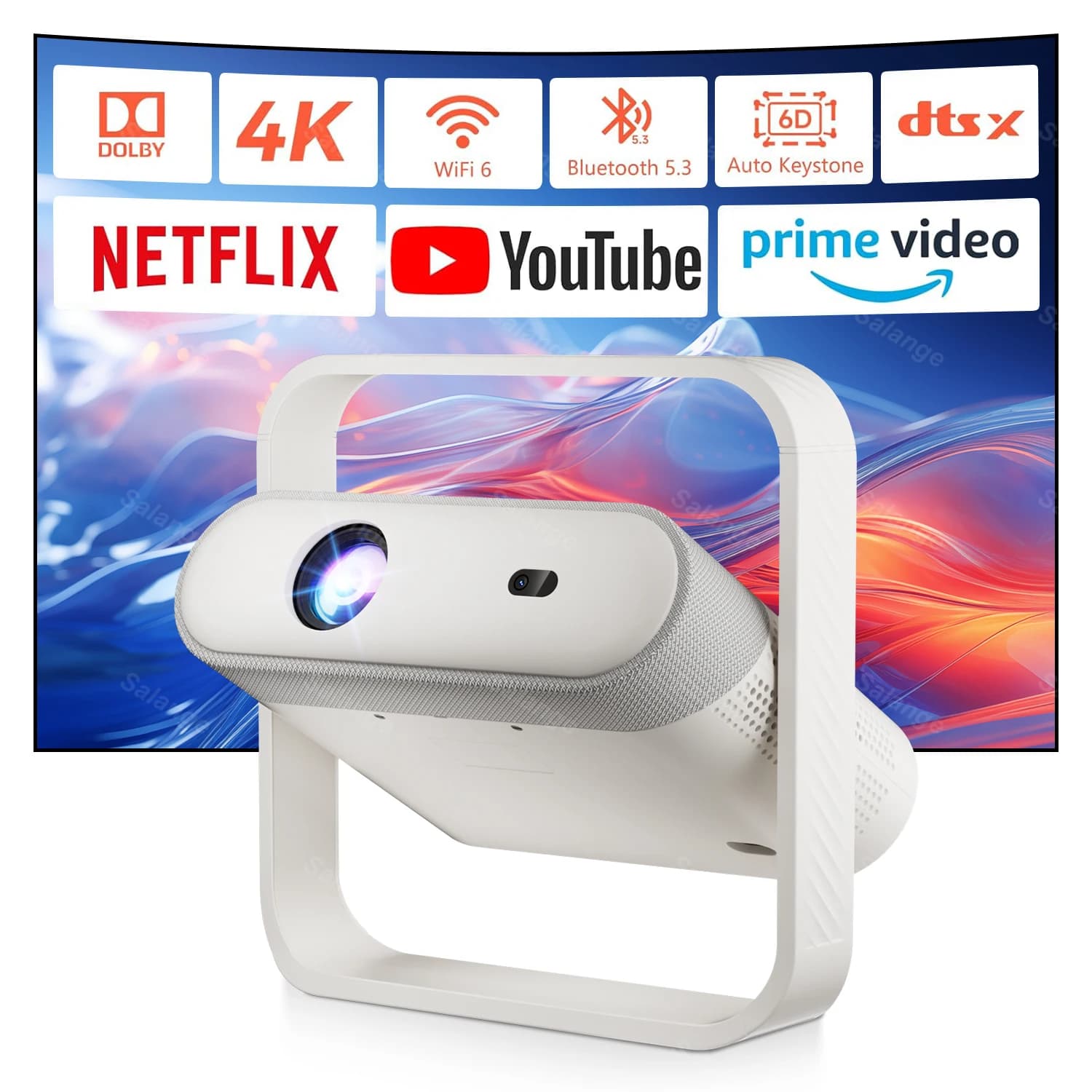 Proiettore Salange 1080P Android con Autofocus, BT5.4, WIFI6, Ultra-Sottile 70mm, Luce Ambientale RGB, Altoparlante HiFi per Home Cinema P40