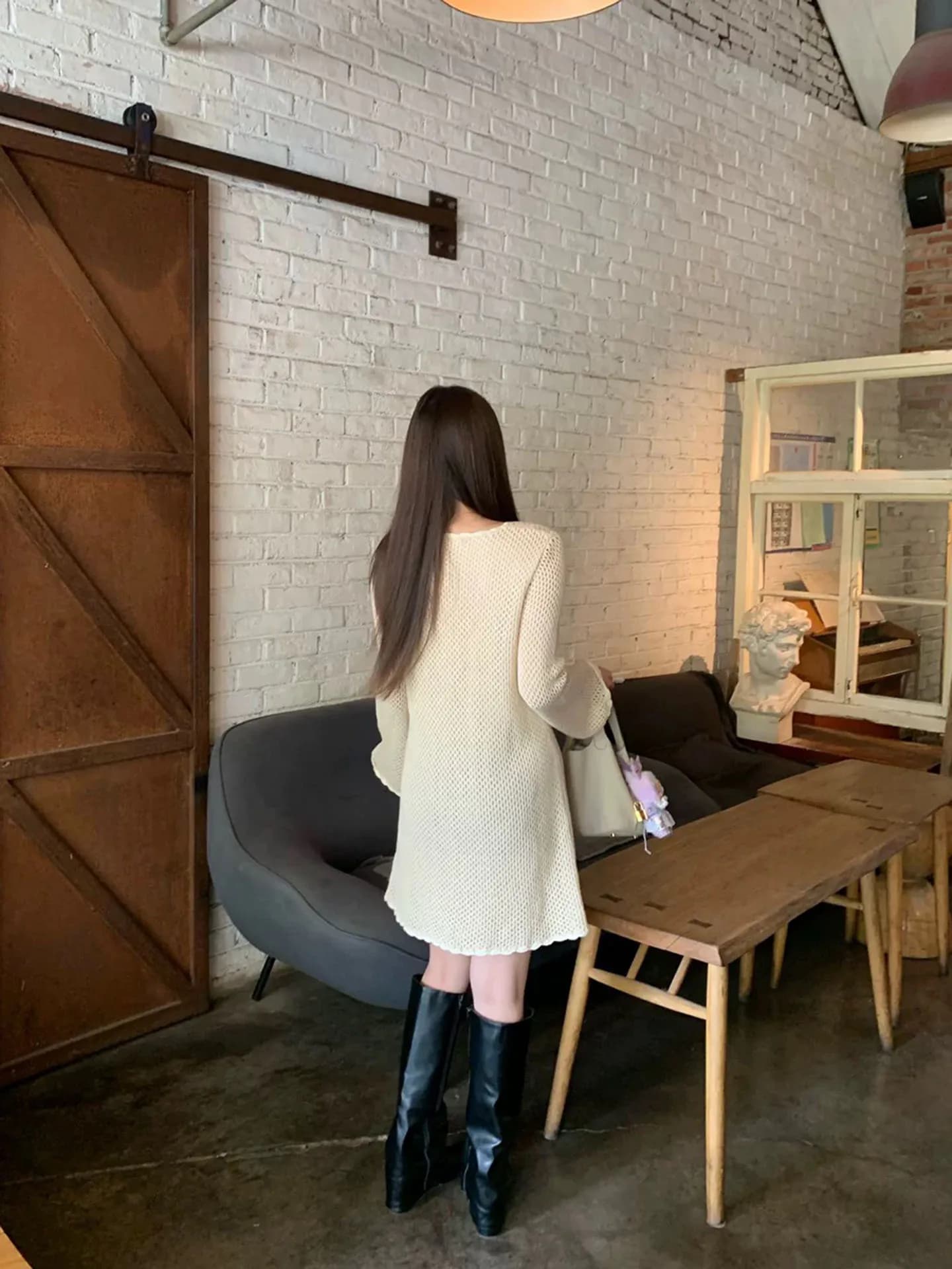 Abito a maniche lunghe lavorato a maglia traforato HuaXinFengLai con scollo a U e bordo in pizzo, stile francese, in misto cotone e lino