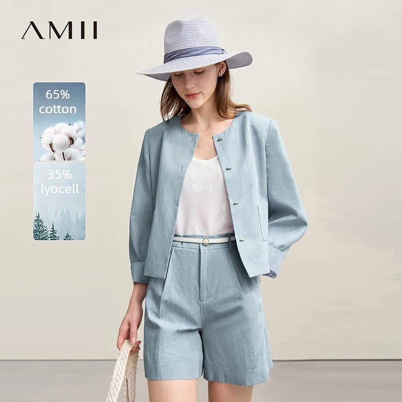 Amii Women's Jacket 2026 Spring New Round Neck Metal Buckle Cotton Jacquard Jacket Women's Retro Loose Long Sleeve Top 12641110