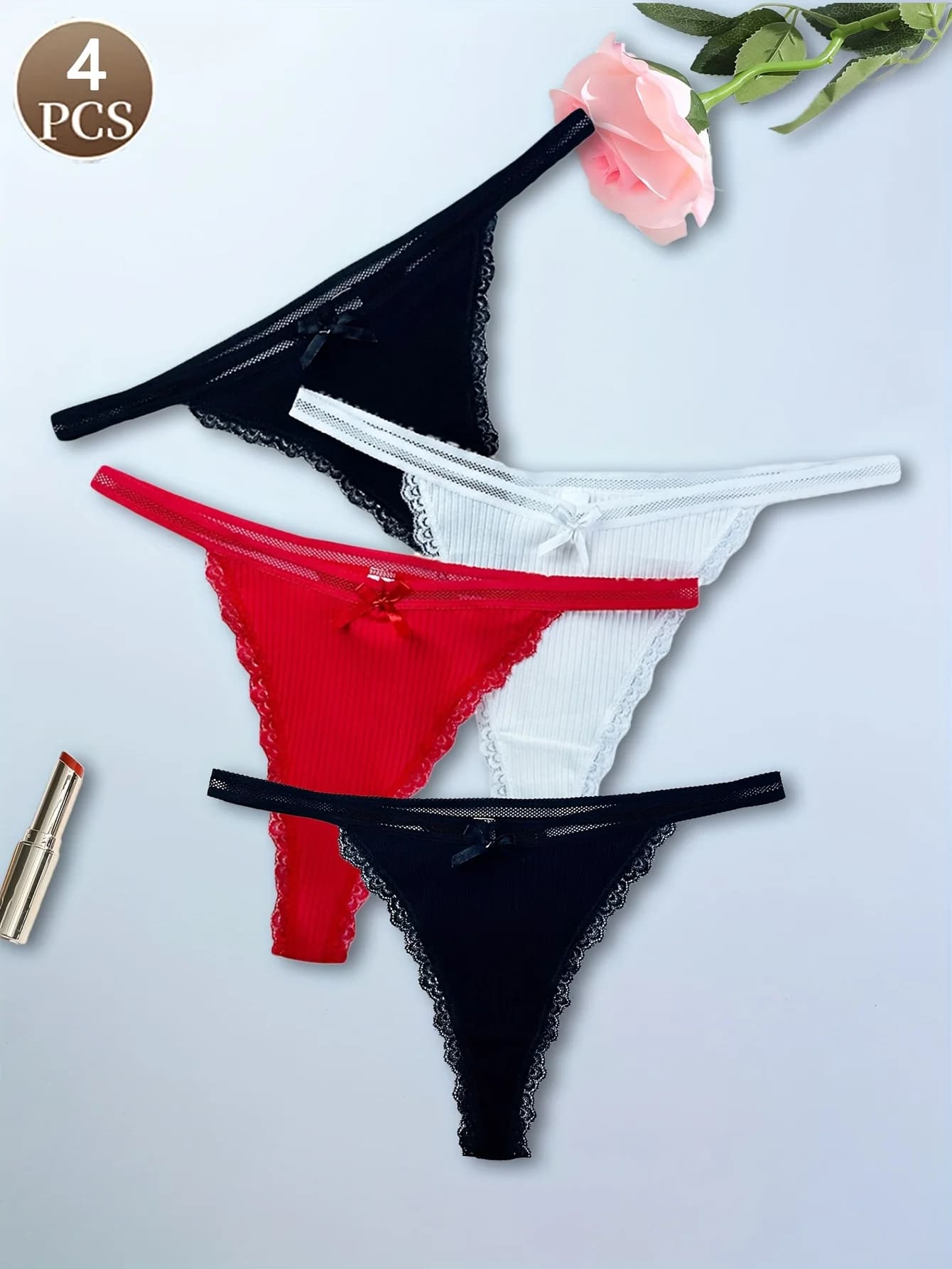 4PCS Solid color low waist women's thong Sexy girl bow fashionable personality underwear for female Seamless breathable comf