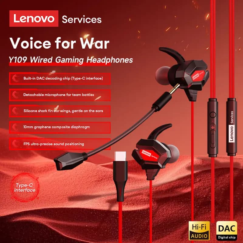 Cuffie da Gaming Lenovo Y109 con Filo, Design a Pinna di Squalo, Auricolari per Esports, Audio HiFi Surround Stereo con Microfono Rimovibile