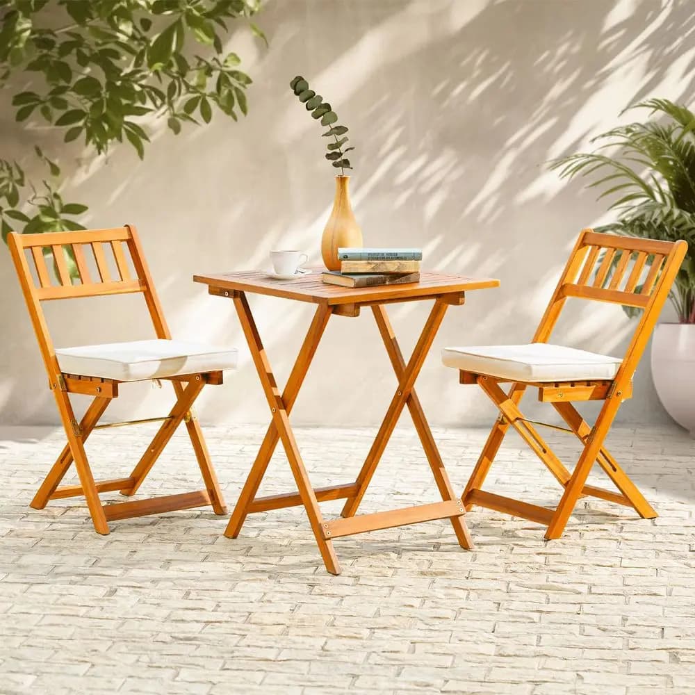 Duty 400lbs Capacity Patio Bistro Set 3 Piece Outdoor, Folding Chairs w Cushion, Square Table, FSCCertified Acacia Wood, SpaceS