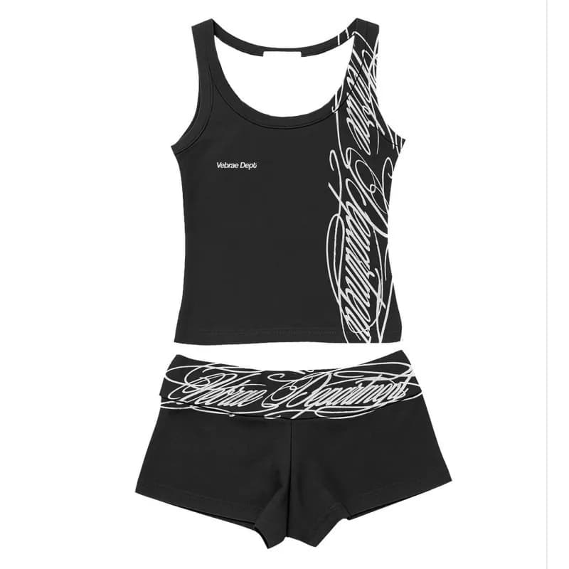 Y2K Black Calligraphy Print Tank Top And Shorts Set Women Streetwear Two Piece