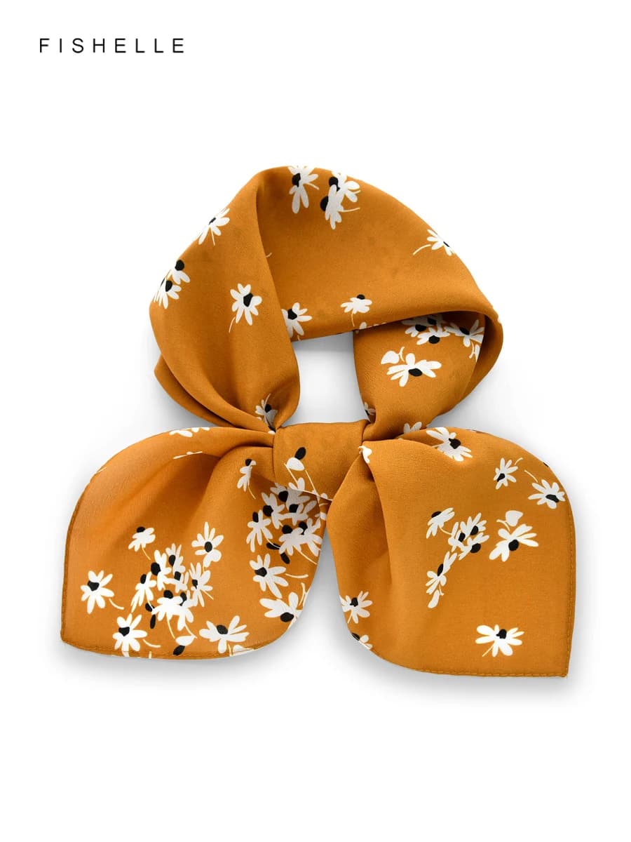Ginger yellow flowers 100% silk scarf shawl crepe de chine headband wrap neckerchief hijab tie luxury women gifts handkerchief