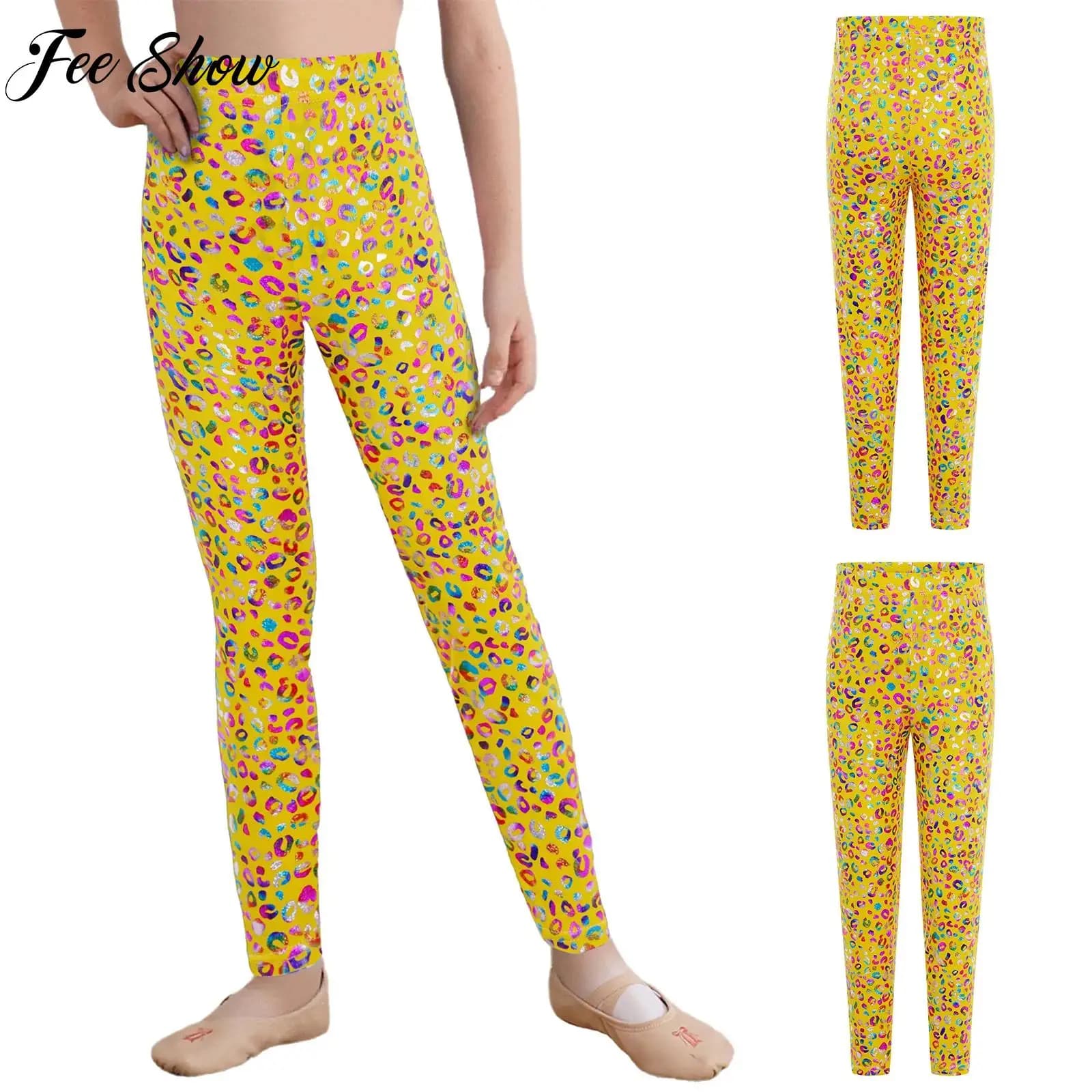 Costume da cheerleader per ragazze e ragazzi, costume da spettacolo teatrale, pantaloni leopardati metallici, leggings elasticizzati per feste di lezioni di danza jazz hip-hop