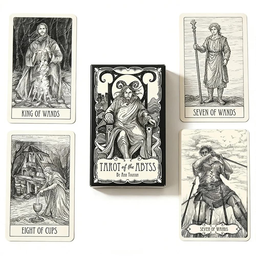 Mazzo di tarocchi Abyss da 78 carte (12x7 cm), illustrazioni in inchiostro disegnate a mano in bianco e nero, per guida spirituale e meditazione