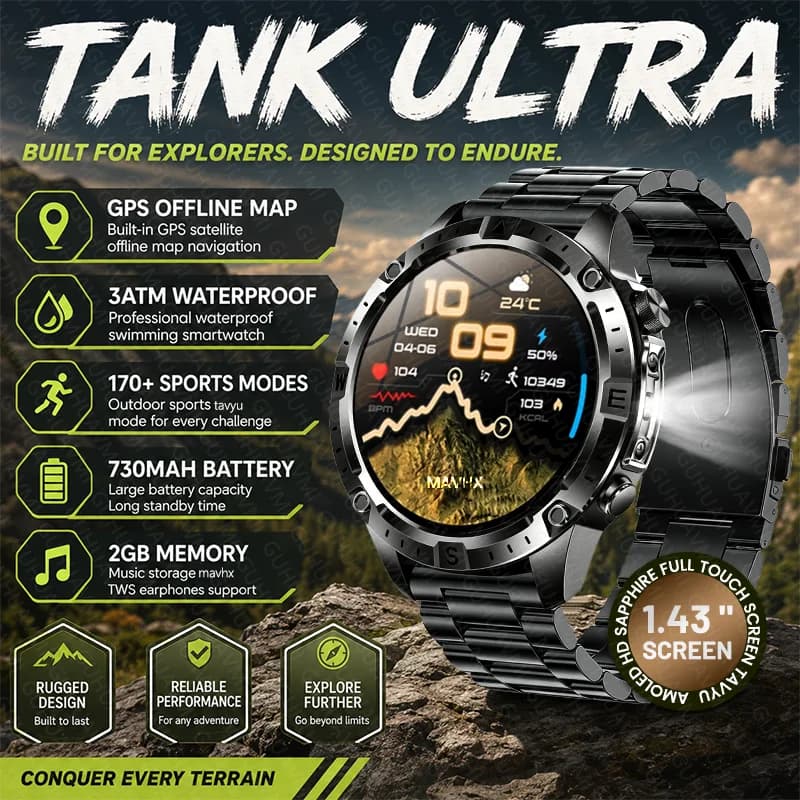 New Outdoor Military TANK Ultra Smart Watch GPS Map Compass 3ATM Waterproof 170+Sport Mode Bluetooth Call AMOLED Men Smartwatch