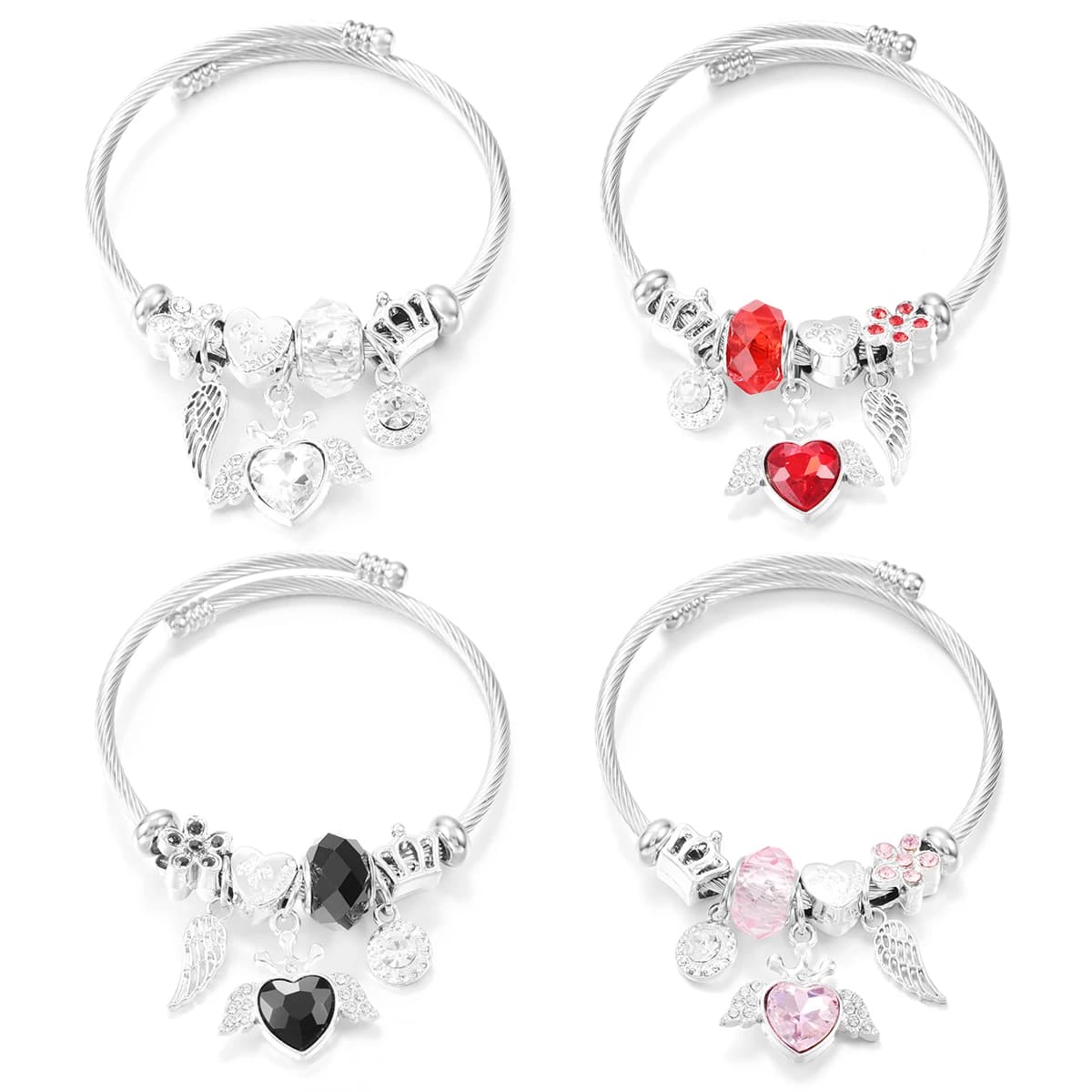 Bracciale con ciondolo in rilievo di cristallo con ali d'angelo a forma di cuore alla moda Bracciale con chiusura in 4 colori in acciaio inossidabile Bracciale da donna