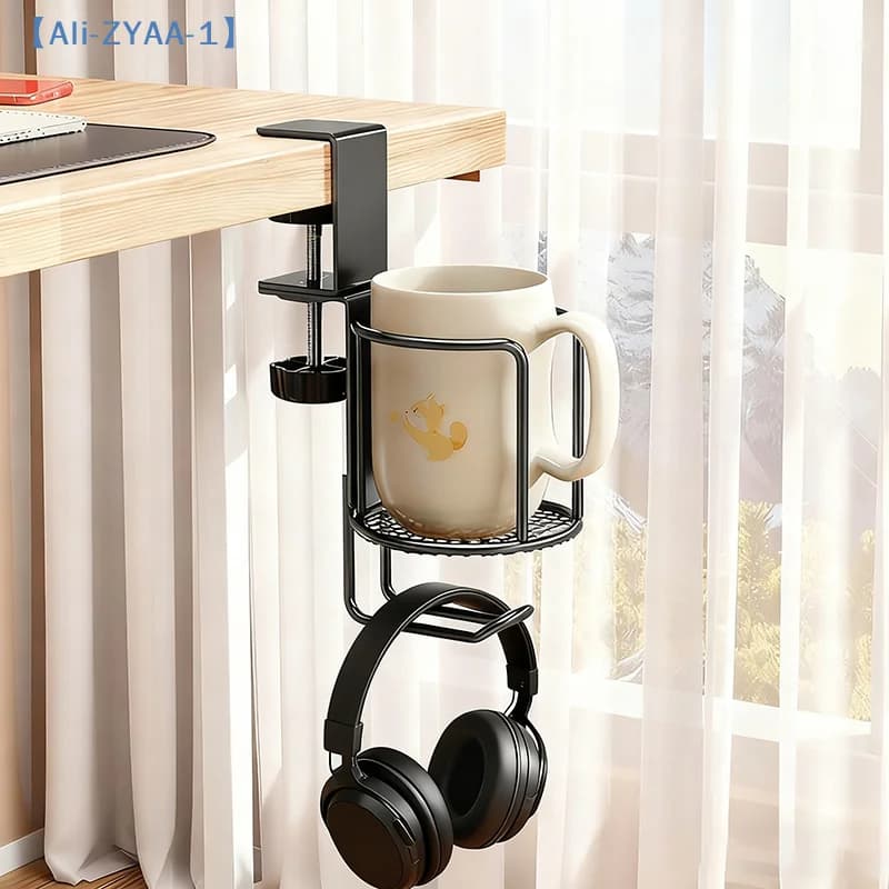 【ZYAA-1】 Portabicchieri da scrivania 2 in 1 con porta cuffie, portabicchieri anti-fuoriuscita-360 ° Gancio per supporto di rotazione