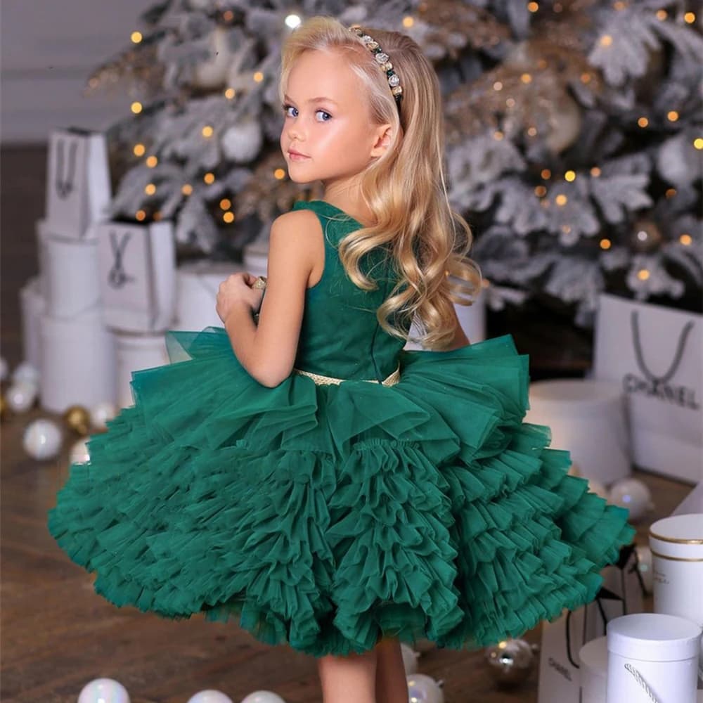 Abito da ragazza di fiori personalizzato per matrimonio Tulle gonfio a strati senza maniche con fiocco dorato Abiti da ballo per prima comunione per feste di compleanno per bambini