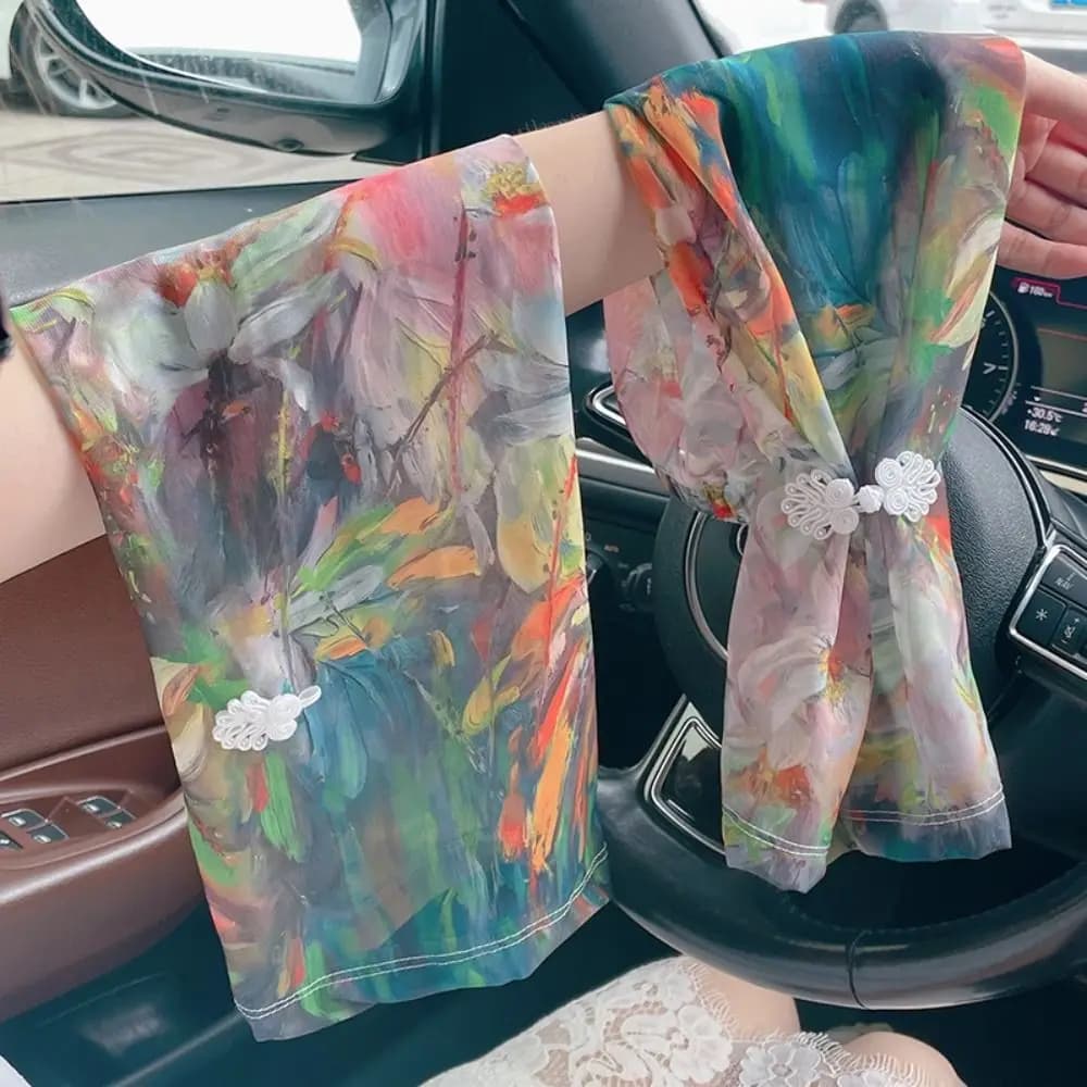 Maniche in Seta Ghiaccio Stile Cinese con Fibbia Stampata, Anti-UV, in Chiffon Floreale, Protezione Solare, Guanto Lungo