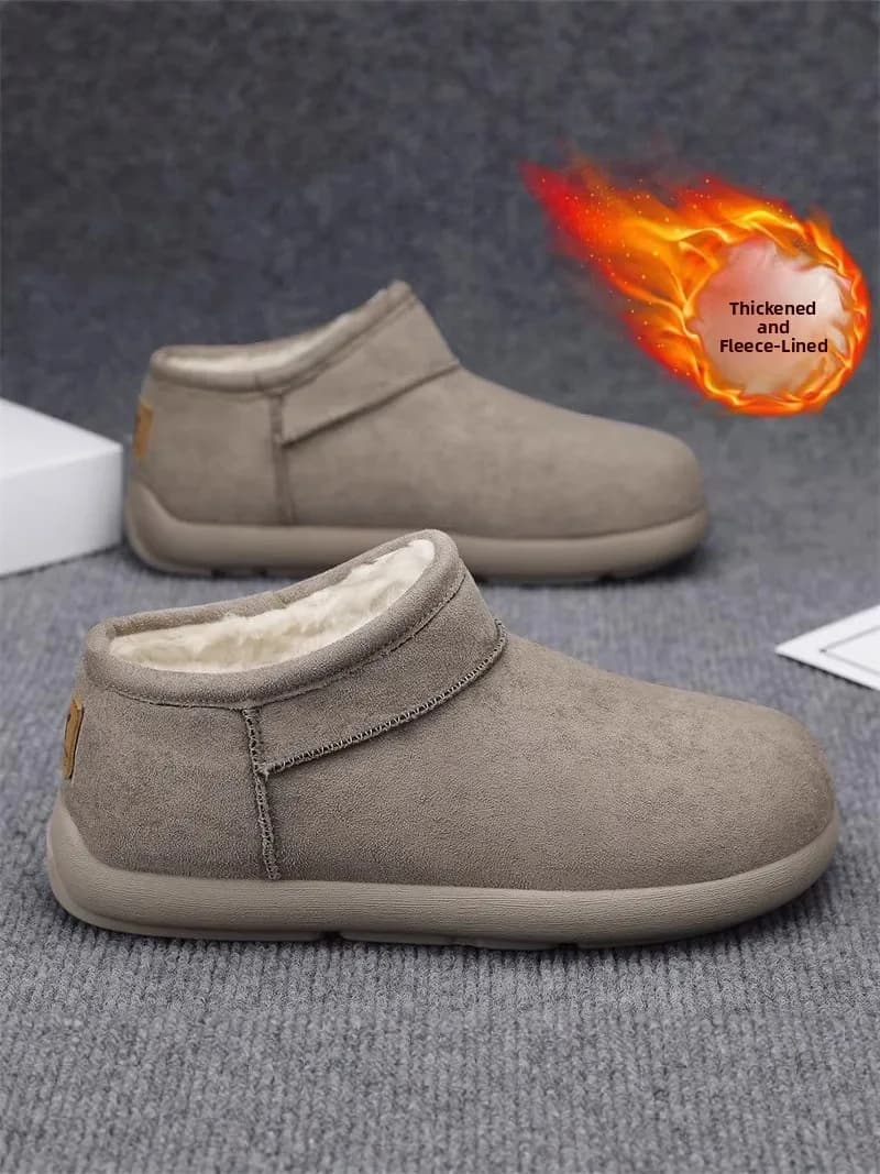 Men's Winter Warm Fleece Lined Short Snow Boots Outdoor Leather Fur Integrated Cold Resistance Bread Shoes Slip-On Casual Shoes
