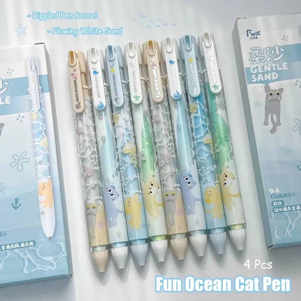 4Pcs/Box 0.5mm Fun Ocean Cat Gel Pens School Office Essential Stationery Rippled Quicksand Pen Writing Marker Quick-Dry Pen