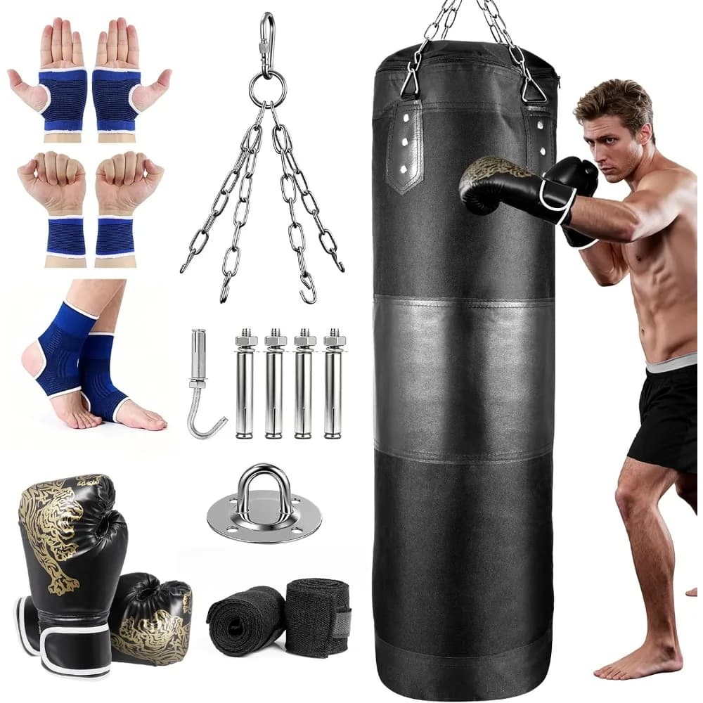 Punching Bag for Adults Leather Heavy Boxing Bag Set with Gloves Hand Wraps Hanging Bag for MMA Karate Kickboxing Muay Thai