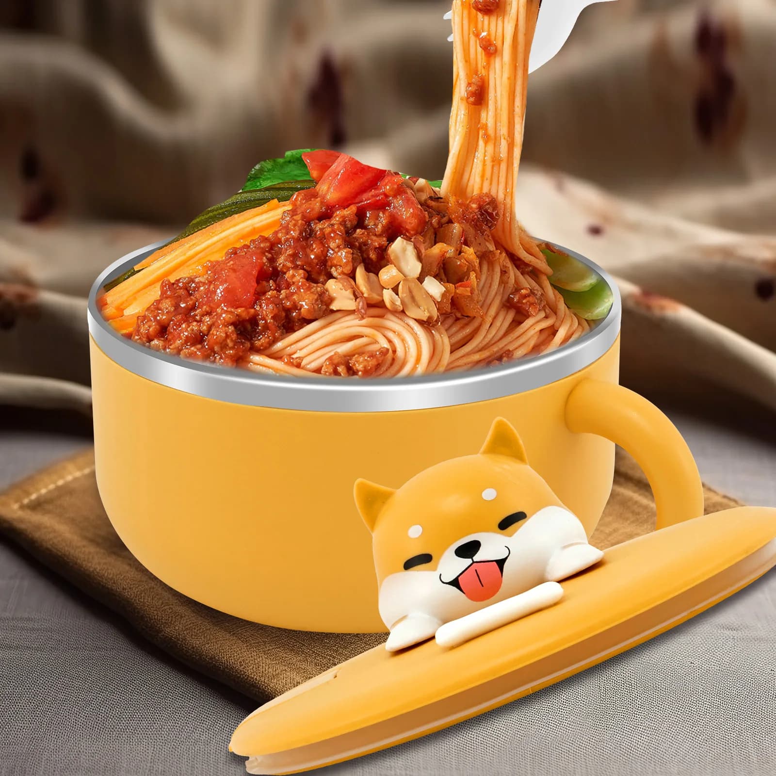 Ciotola per Noodles Istantanei da 1200ml in Acciaio Inox 304 con Coperchio, Contenitore Portatile per Ramen, Porta Pranzo