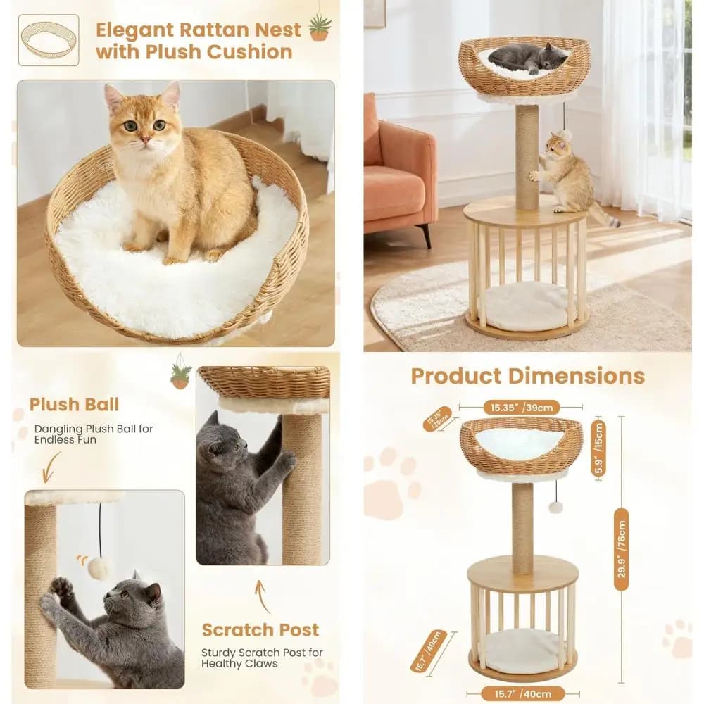 Torre per Gatti in Rattan da 30 Pollici con Tiragraffi, Cuccia in Legno, Cuscino Reversibile, Cesto in Vimini, Cuscino Morbido sulla Pianale Superiore
