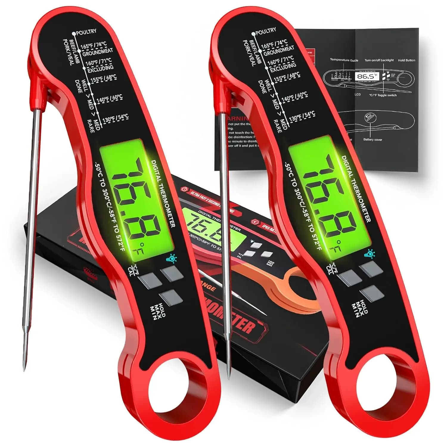 2 Pack Digital Meat Thermometer, Read Thermometer, Red | 2-pack grill and kitchen thermometers with backlit displays and magneti