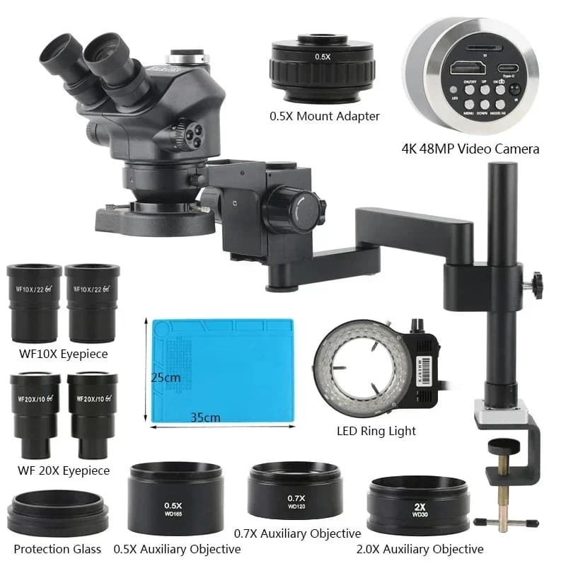 Microscopio Stereo Industriale con Zoom 3.5X-200X, Braccio Articolato Trinoculare, Supporto a Morsetto Pieghevole per Riparazione Telefoni, PCB, Saldatura e Laboratorio