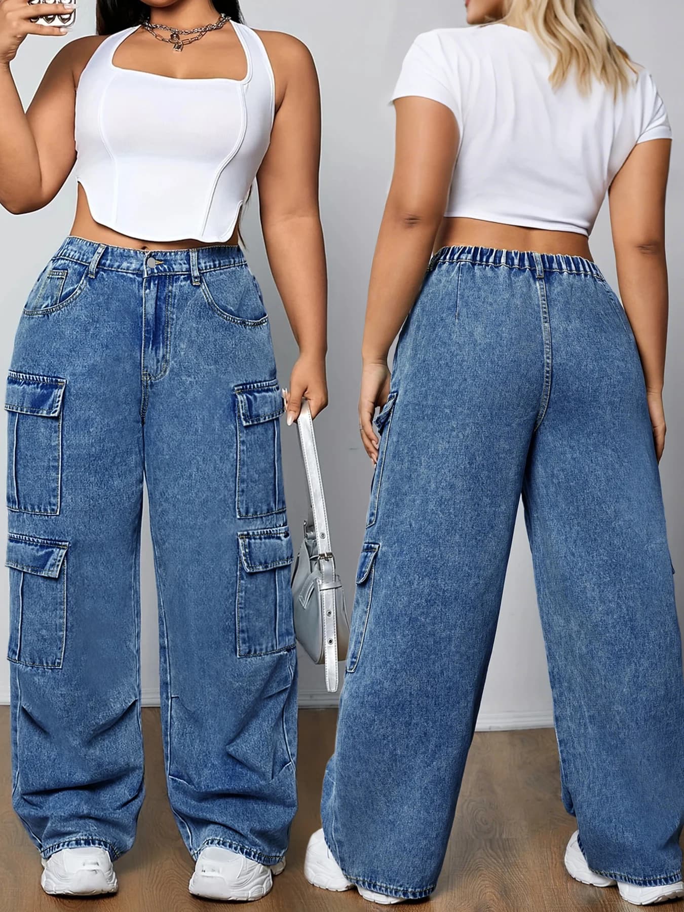 Jeans Cargo a Vita Media per Donna Taglie Forti, Lavaggio Chiaro, Gamba Larga, Vita Elastica, Multi Tasche, Stile Casual Streetwear
