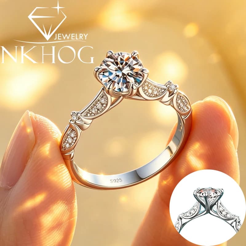 NKHOG 1CT 6.5mm Round Moissanite Rings For Woman 925 Sterling Silver Ring D VVS1 Wedding Anniversary Certified Fine Jewelry Gift