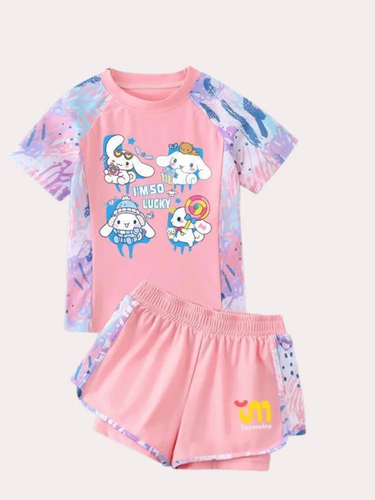 Sanrio Girls Nuovo costume da bagno a maniche corte Cinnamoroll Cartoon Children Fashion Kawaii Pantaloncini traspiranti ad asciugatura rapida Cappuccio da nuoto