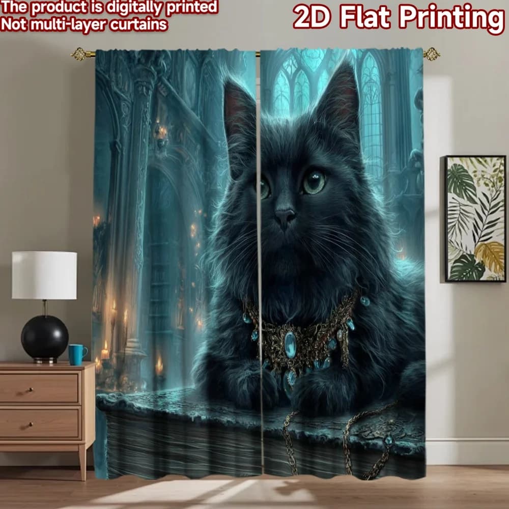 Tende Decorative 2D con Stampa Piatta, 2 Pezzi, Gatto Nero con Occhi Verdi, Stampa Digitale su Poliestere, per Decorazioni Festive