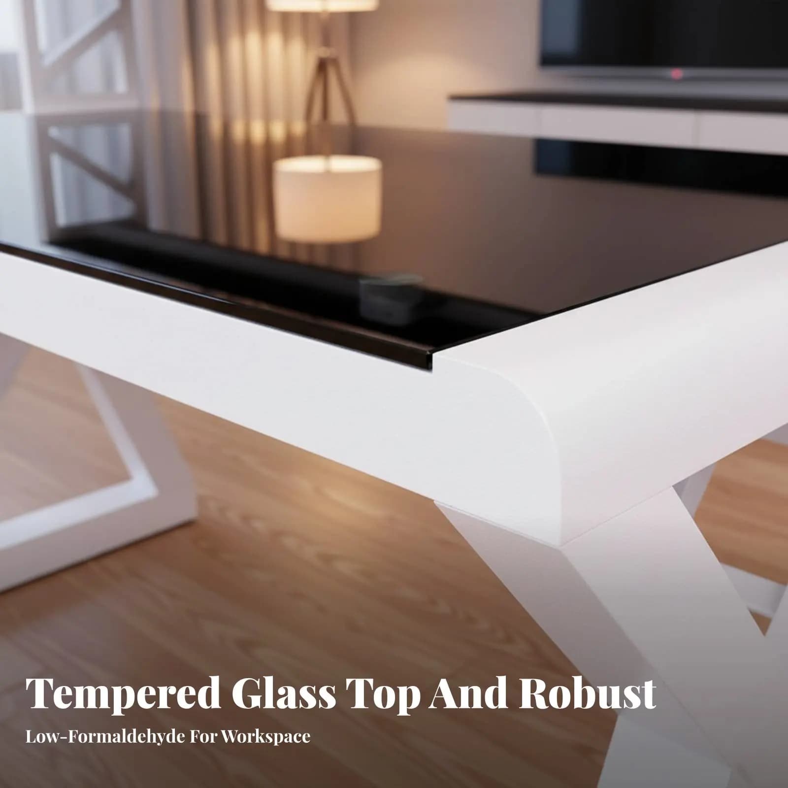 Scrivania con Superficie in Vetro, Design Moderno con Gambe a X, Angoli Arrotondati, Sicura Senza Formaldeide