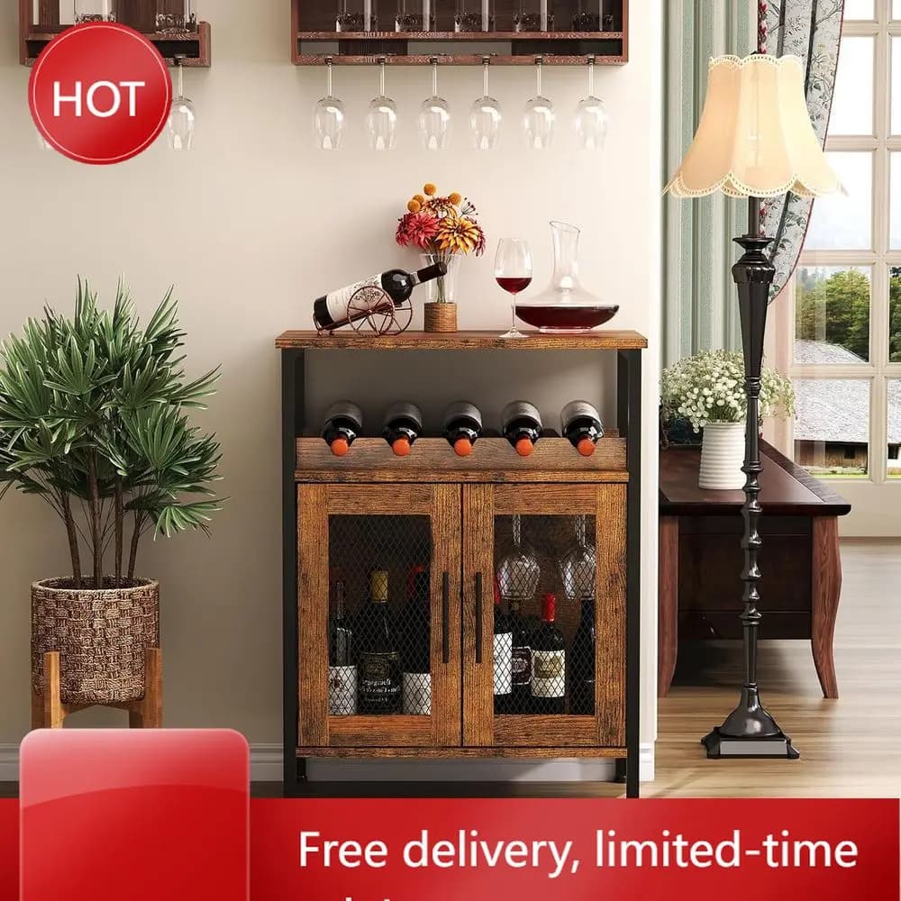 Mobile Bar Portabottiglie Smontabile Popolare, Porta Bicchieri, Credenza Compatta, Buffet con Ante a Rete in Stile Rustico B