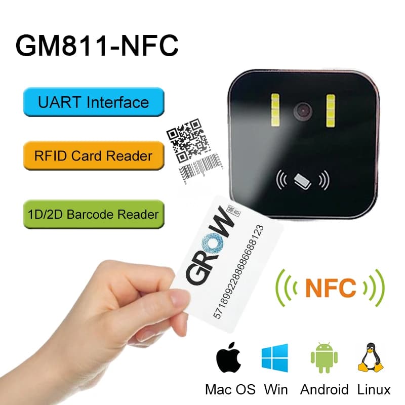 Lettore di Carte RFID GM811-NFC e Modulo Lettore di Codici a Barre DC3.6-6.5V UART Scanner di Codici 2D/1D con File SDK Gratuiti per Hotel e Supermercati