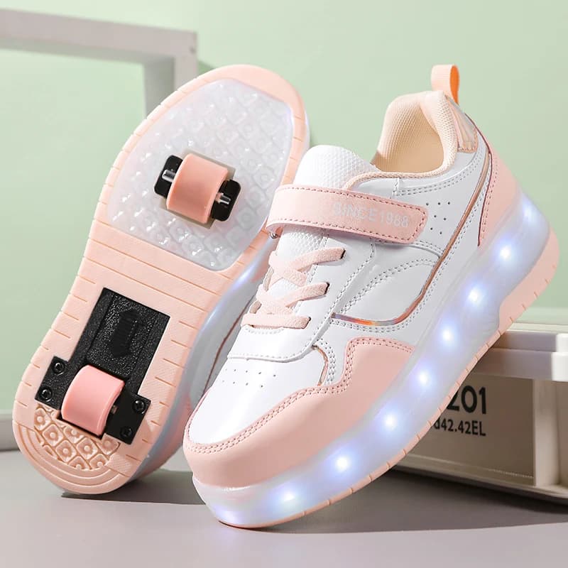 Fashionable children's skate shoes with pink LED light for girls and boys Children's sneakers with wheels Two wheel gymnastics shoes for kids