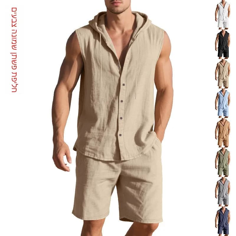Men's Summer Casual Loose Linen Sleeveless Shirt Shorts Two-Piece Set Comfortable Breathable Lightweight Hooded Jacket