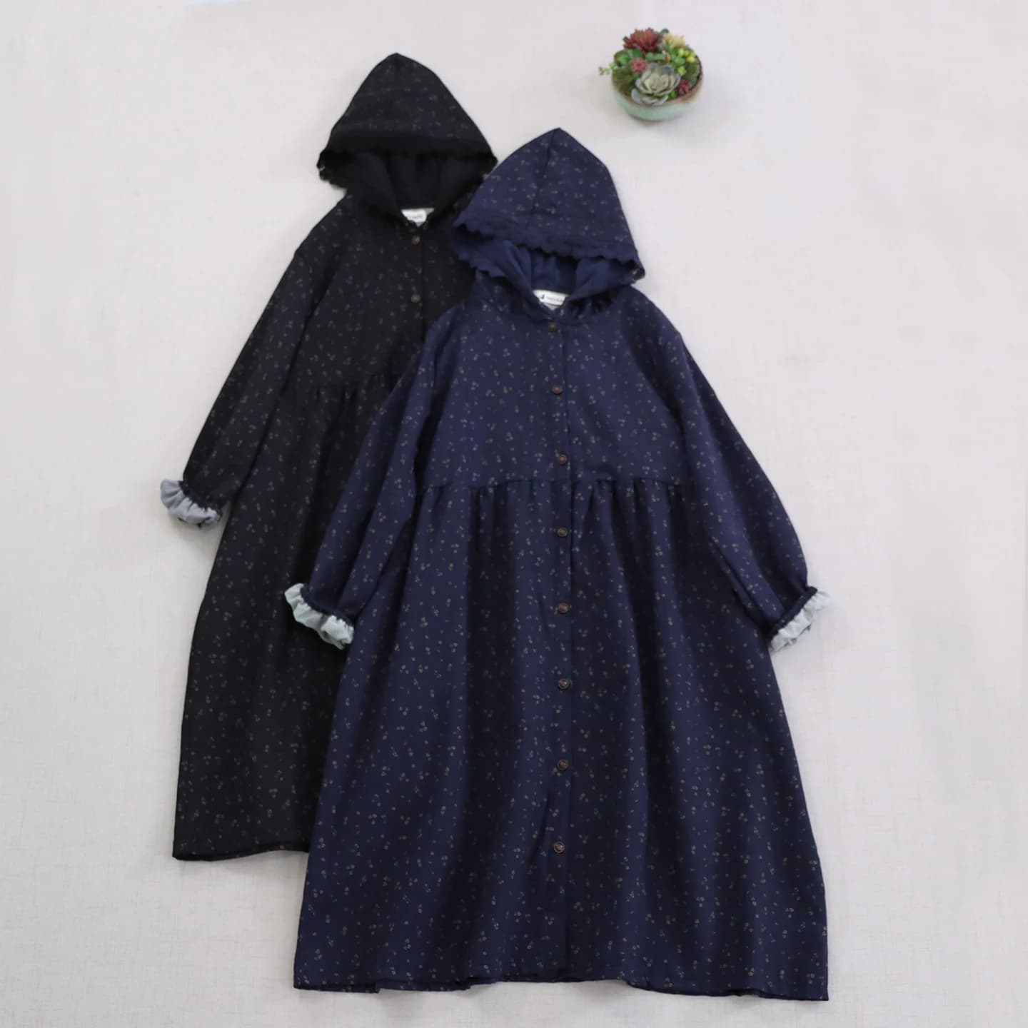 Japanese girl dress Mori with cotton hood often printed floral vintage woman's autumn winter long sleeve monopetto dress jacket