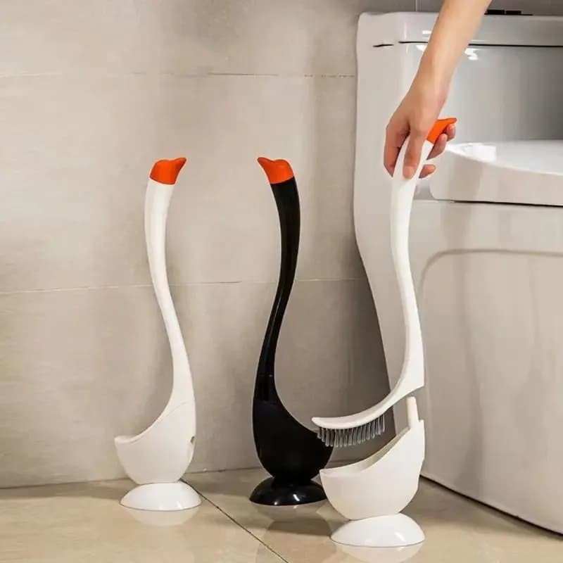 Set scopino per WC con manico lungo a forma di cigno con supporto, setole dense, strumento per la pulizia del bagno dei cartoni animati per la casa