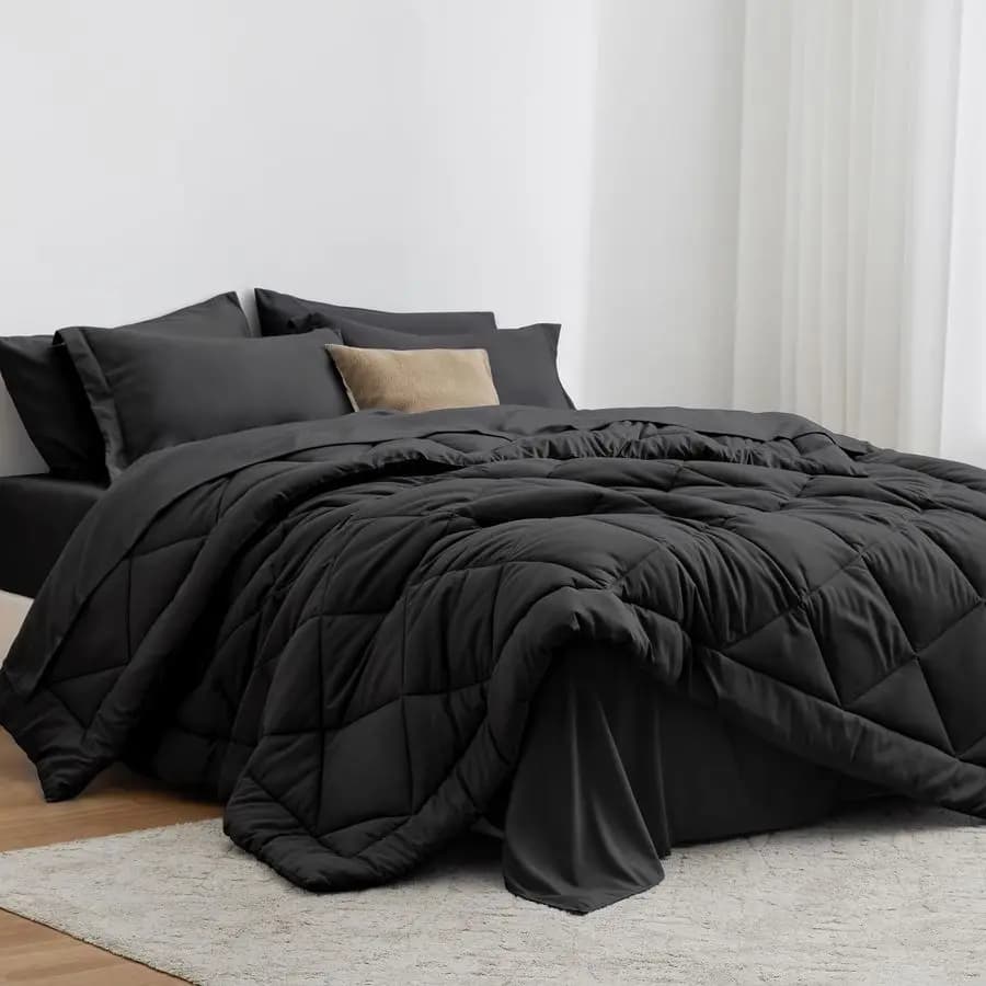 Set Twin XL Black, 5 Pieces, Twin XL Bed Set in a Bag, Bed Linen Set for All Seasons with 1 Cover, 1 Flat Bed Sheet, 1 Bed Sheet with Angles