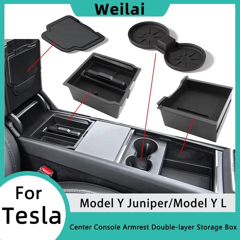 Per Tesla Model Y L 2025 2026 Juniper: Scatola portaoggetti in ABS per console centrale, organizer a doppio strato per bracciolo, accessori