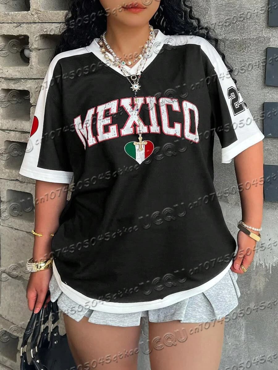 Maglia da calcio messicana stampata digitale da donna T-shirt con scollo a V ampia asciugatura rapida manica corta abbigliamento sportivo abbigliamento casual Top