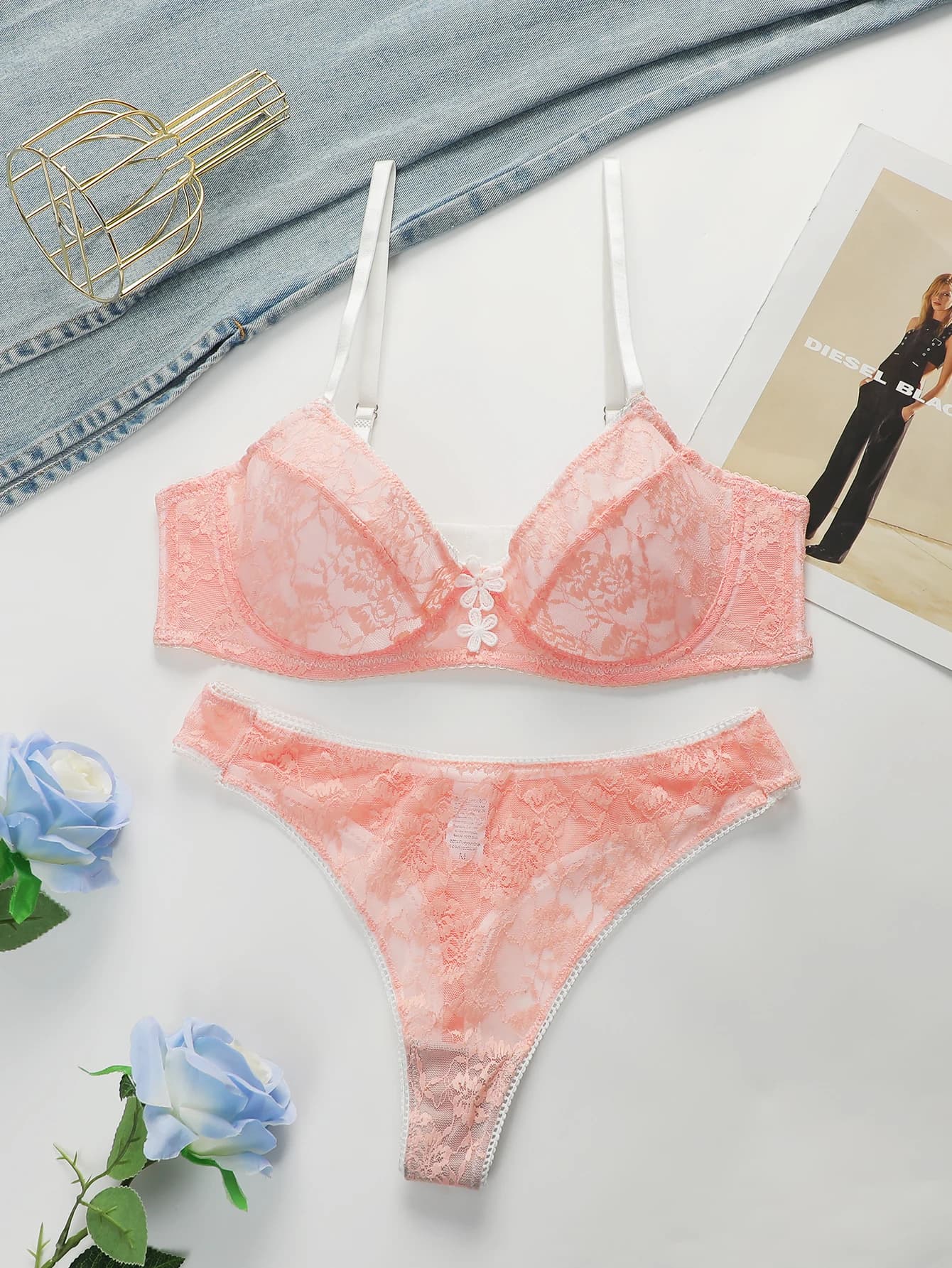 Nuovo set di biancheria intima da donna in pizzo fiore rosa biancheria intima ultra sottile sexy set da 2 pezzi reggiseno e infradito reggiseno push up MR2643
