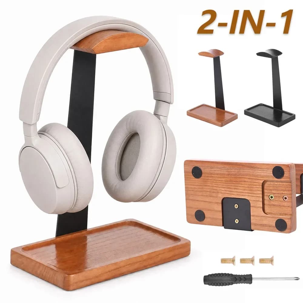 Headphone Stand Wooden Gaming Headset Stand with Storage Base Universal Headphone Holder Multi purpose Desktop Storage Organizer