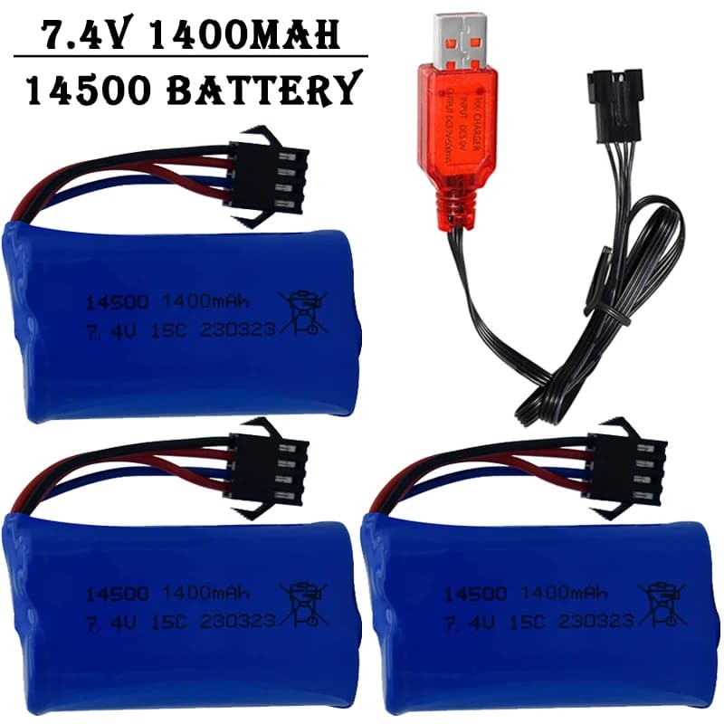 Lithium ion battery 7.4V 1400mAh 14500/with SM4P plug/ USB charger for water gun RC truck ship helicopter toy accessories battery