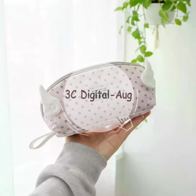 Cute Polka Dot Pencil Case 3D Plush Wings Large Capacity Multi Compartment Stationery Organizer for School Students