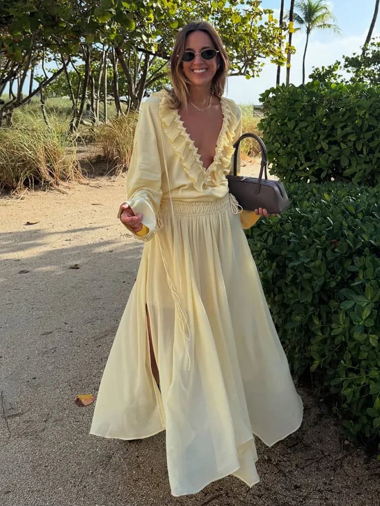 HH Women's Elegant Set Light Yellow With V-neck Long Sleeves Layered Decoration Shirts with Laces + Long-Life skirt Women's Dresses