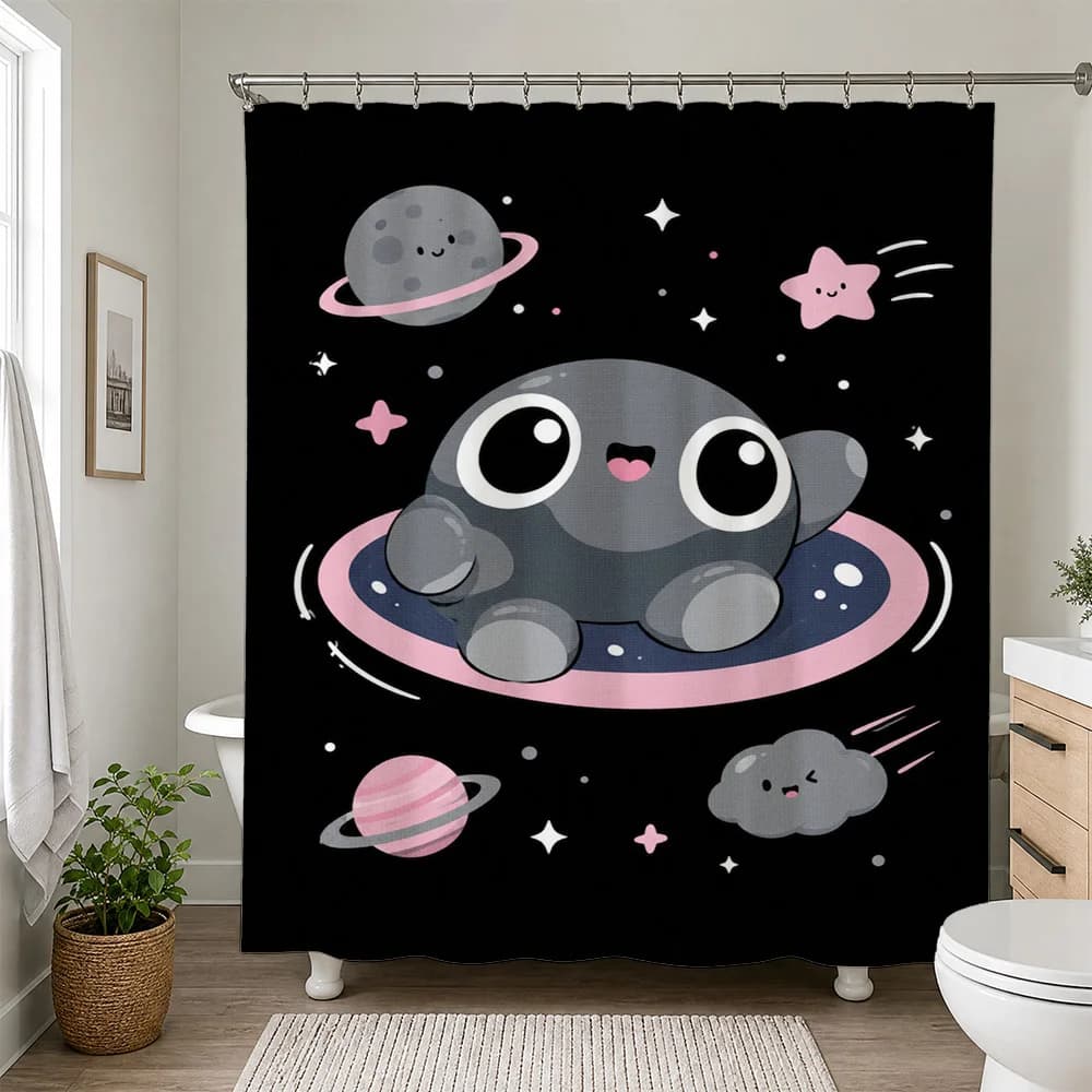 Cute Cartoon Planets and Space Aliens Shower Curtain Bathroom Decor Fun Kids Nursery Shower Curtain