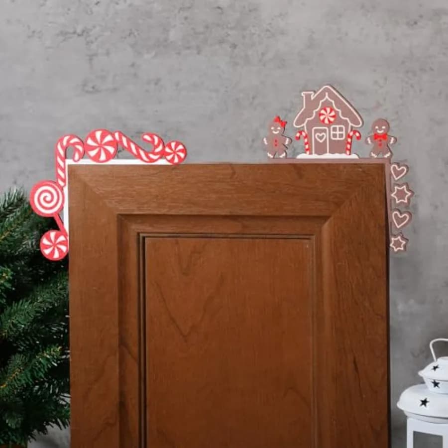 2 Pcs Christmas Door Topper Funny Gingerbread Candy Door Frame Corner Sign Decor Home Wooden Christmas Cabinet Knob Covers Part