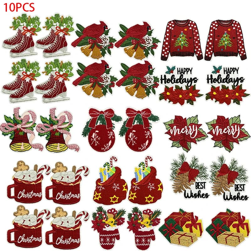 10Pcs Christmas Iron On Patches High quality Ice Skate Hot Cocoa Mug Poinsettia Embroidered Patch Applique For Garment Bag DIY