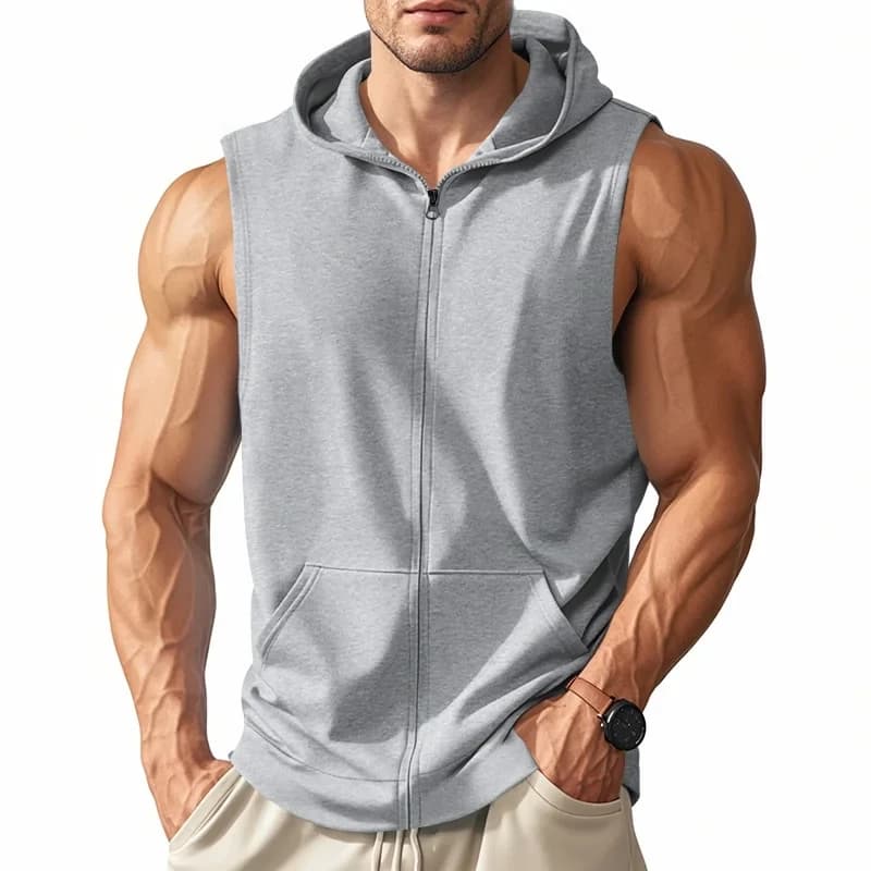 Canotta con cappuccio e zip da uomo per palestra, gilet sportivo alla moda, cardigan senza maniche casual, top da corsa maschile